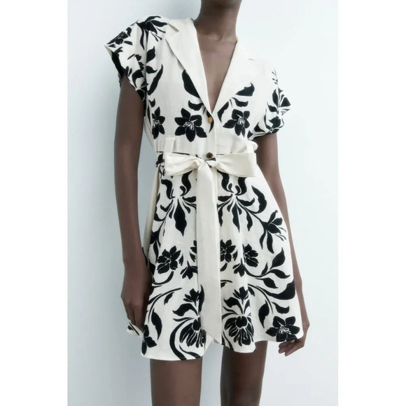 Zara White & Black Lily Floral Linen Button Down Belted Mini Dress M - Picture 1 of 6